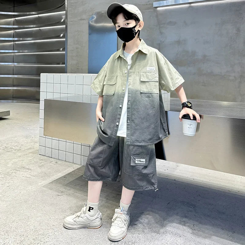 Loose Style Child Pocket Outfit Suit Cool Big Boys Summer Clothes Set Teens Kids Shirt+Shorts 2PCS Clothing Set Gradient Costume