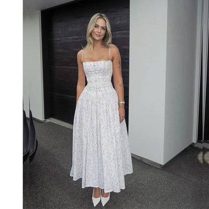 Summer Floral Print Dress Elegant 2025 New Arrivals Spaghetti Strap Flare Dress Maxi Holiday Party Dresses Women