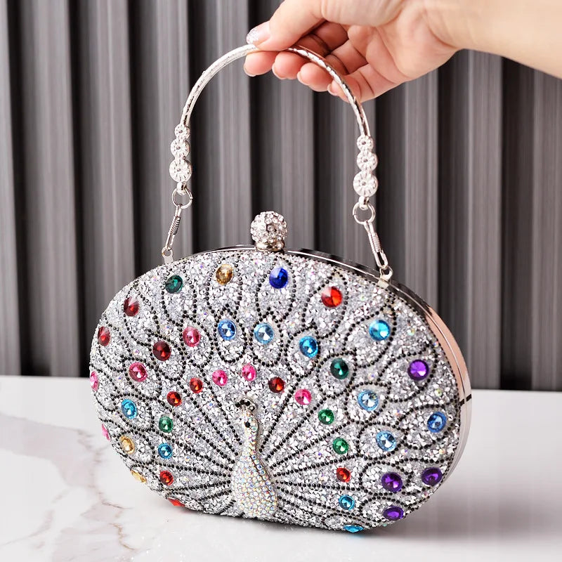 New Peacock Pattern Handbags Diamond Evening Bags for Women 2024 Fashion Luxury Evening Clutch and Purse Rhinestone Shoulder Bag