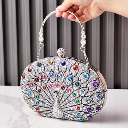 New Peacock Pattern Handbags Diamond Evening Bags for Women 2024 Fashion Luxury Evening Clutch and Purse Rhinestone Shoulder Bag
