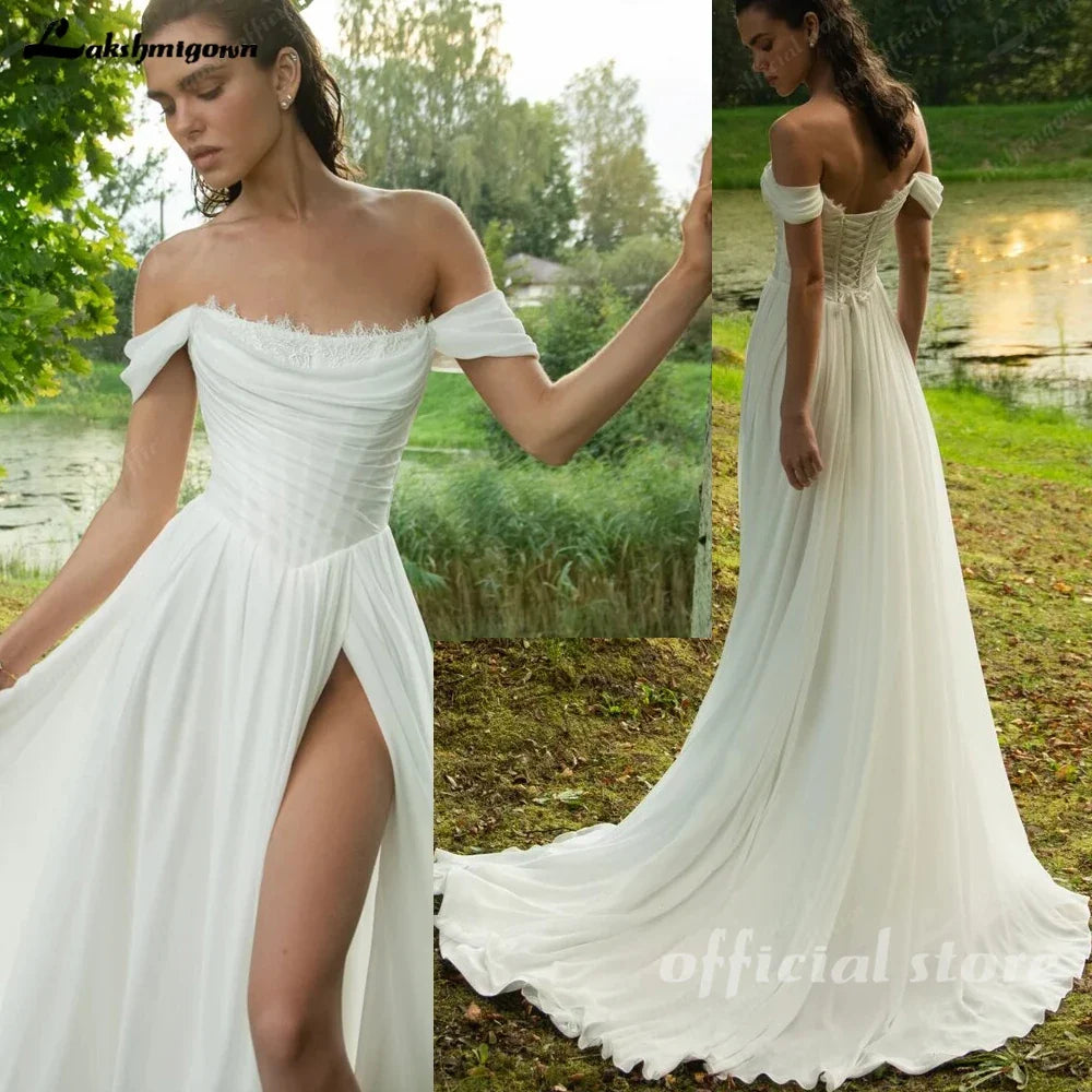 Chiffon Beach Wedding Dresses 2026 New Split Side Strapless Garden Bridal Gowns Lace Up Back Customized