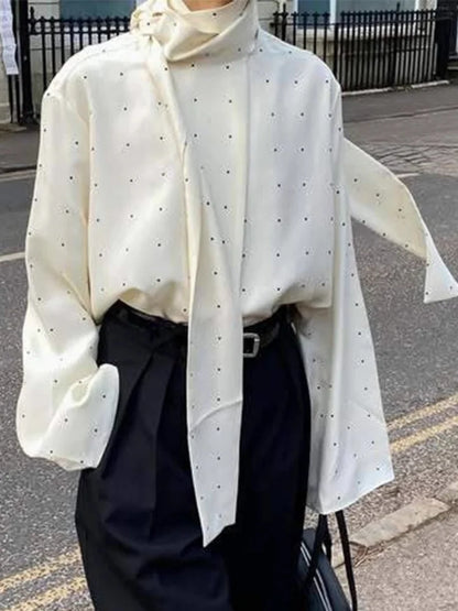 Satin Scarf Neck Polka Dot Printing Women Blouse Fashion Full Sleeve Loose Basic Shirt Lady Spring New Highstreet Commute Wears