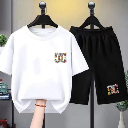 Kids Summer T-Shirt Sets Girls White Boy Black Red Casual T-Shirt+Shorts Printed Kids Outfits Teen Children's Loose Short Sleeve