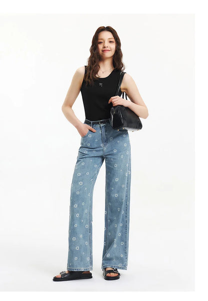 All Over Print Denim Pants Women Sweet Niche 2025 Summer New Cotton Wide Leg Trousers