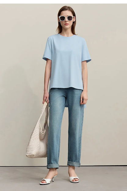 T-shirt Women 2026 Summer New O-Neck Side Slit Cotton Tee Embroidered Letter Lace Accent Women's Short Sleeve Tee 12652029