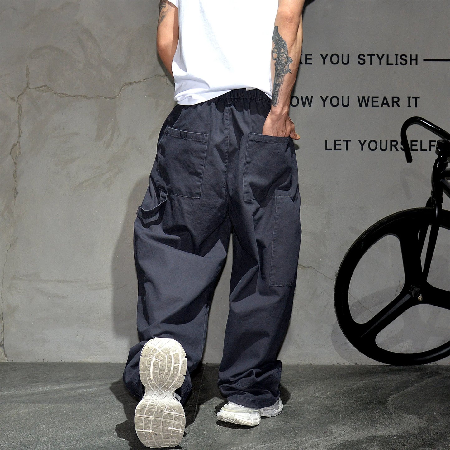 Mens Cargo Pants American Trendy Solid Black Cotton Heavyweight Wide Leg Loose Straight Streetwear Casual High Quality Pants