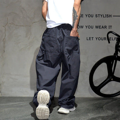 Mens Cargo Pants American Trendy Solid Black Cotton Heavyweight Wide Leg Loose Straight Streetwear Casual High Quality Pants