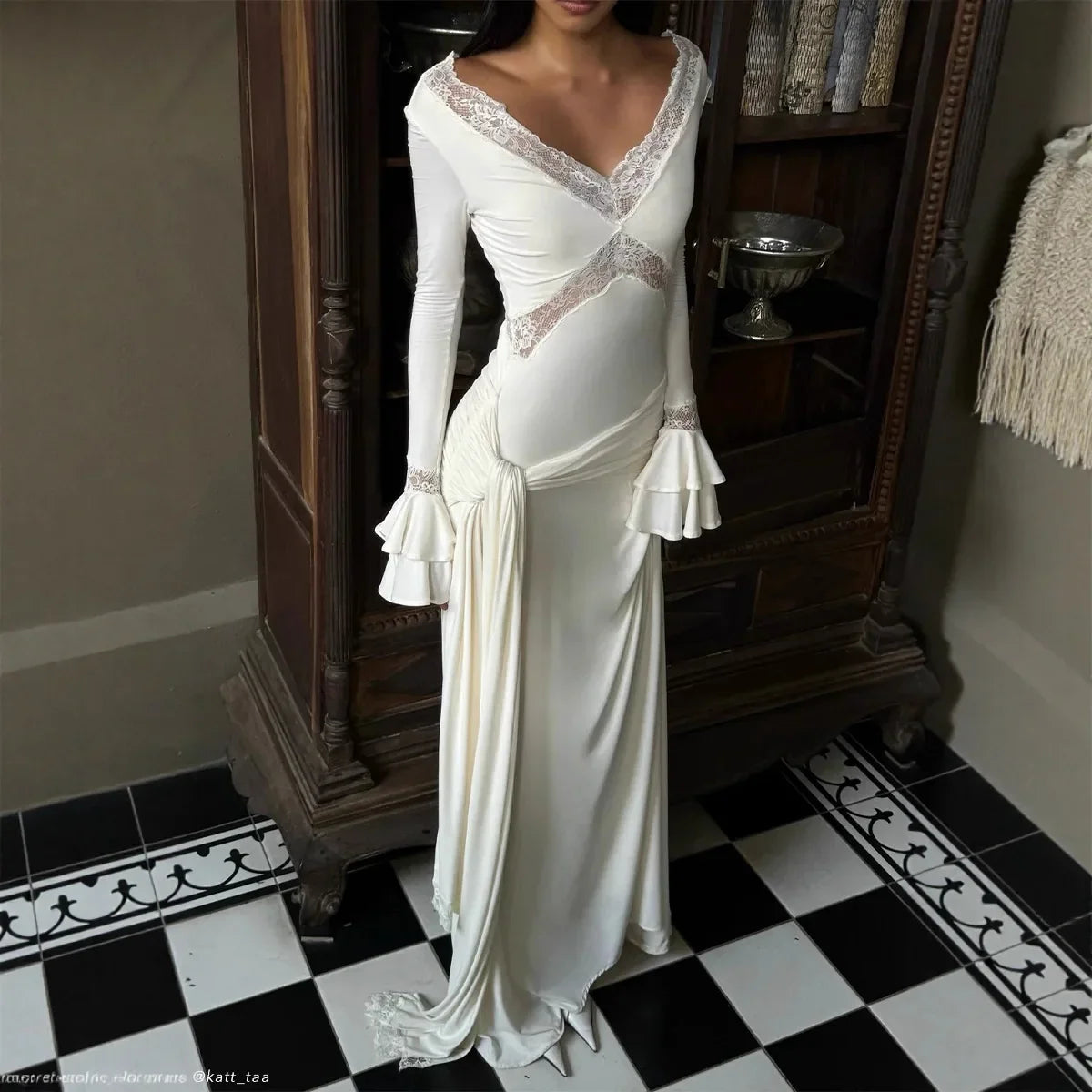 Slim Draped Ruched Hollow Out Maxi Dresses for Women Patchwork Lace V Neck Long Sleeve Long Dress Party Club Evening Robe