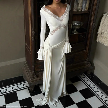 Slim Draped Ruched Hollow Out Maxi Dresses for Women Patchwork Lace V Neck Long Sleeve Long Dress Party Club Evening Robe