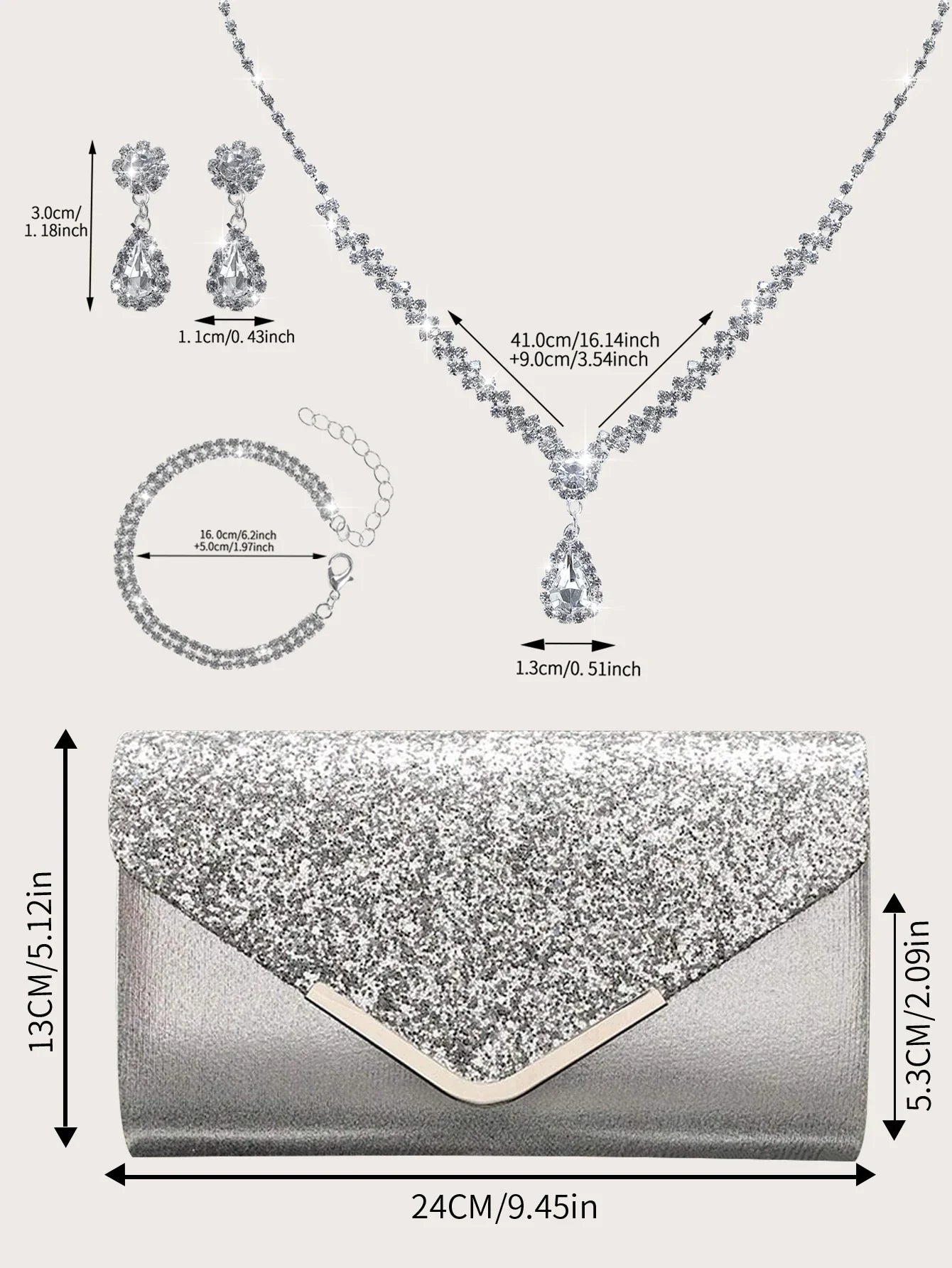 Gorgeous and elegant sparkly women's clutch bag, paired with a gorgeous rhinestone necklace, earrings and bracelet set of four.