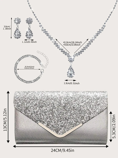 Gorgeous and elegant sparkly women's clutch bag, paired with a gorgeous rhinestone necklace, earrings and bracelet set of four.