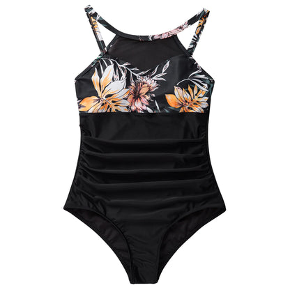XL Size One Piece Swimsuit Women Mesh Hollow Out Swimwear For Women Solid Padded Push Up Plus Size Summer Bathing Suits Female