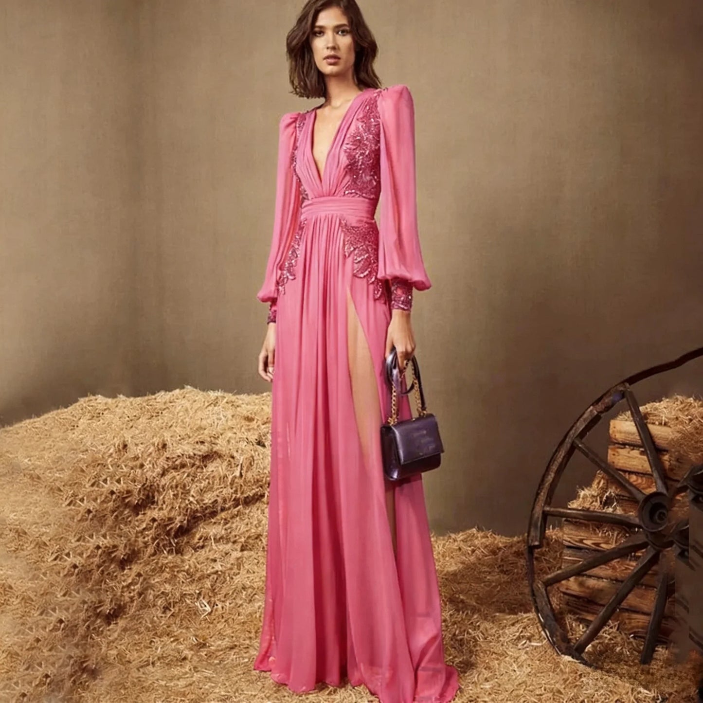Dark Purple V Neck Long Sleeve Evening Dress Chiffon Pleated Applique Floor Length Beach Party Banquet Women Customized Gown