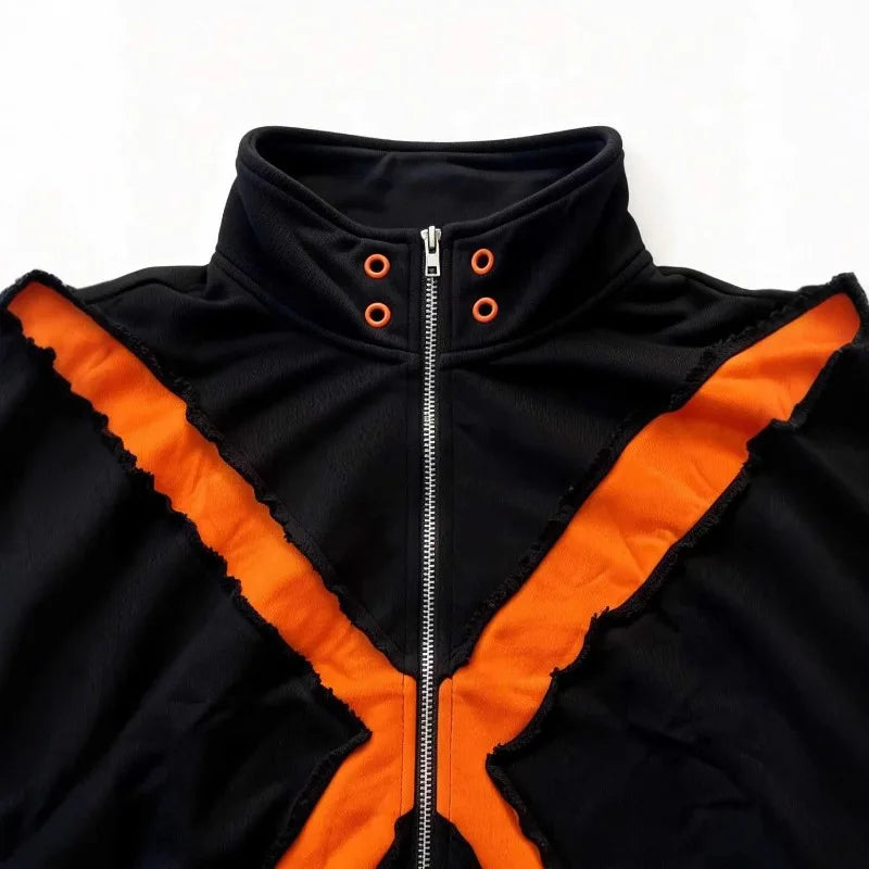 Mens Jacket Harajuku American Streetwear Color Block Patchwork Zip Up Long Sleeve Coat Loose Fit Casual Unisex Fashion Trend New