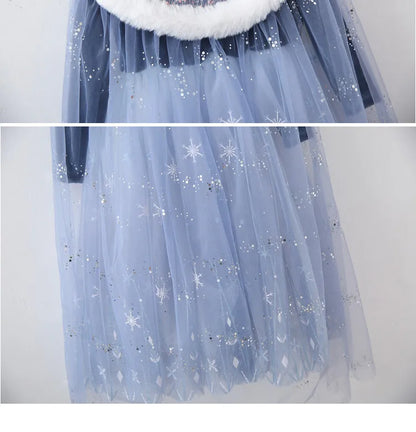 Girls' Spring 2026 New Velvet Elsa Frozen Princess Dress Kids Blue Cape 2 Piece Set Warm Dresses For Girl Party 3-9 Years Old ﻿