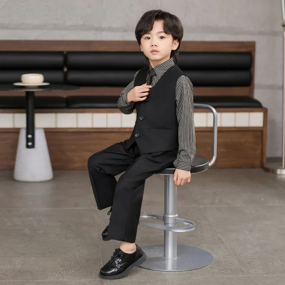 Spring Autumn Boys Elegant Suit Set 3 Pieces Vest Pants With Tie Wedding Guest Outfit Hot Sale Kids Suits Piano Performance