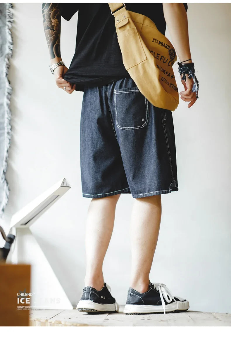 Vintage Cool-Touch Denim Shorts Men's Summer Lightweight Straight Leg Elastic Waist Jeans Shorts Breathable Casual Bottom