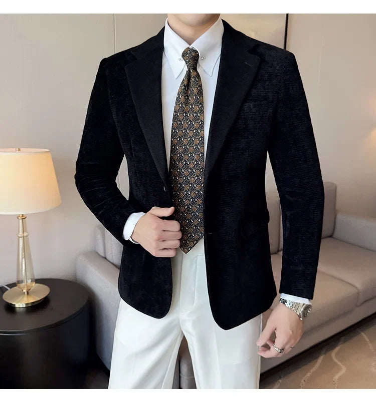 Autumn Winter Fashion Seaweed Pattern Suit Jacket High Quality Luxury Slim Fit Casual Men's Blazers Coats Social Prom Tuxedo