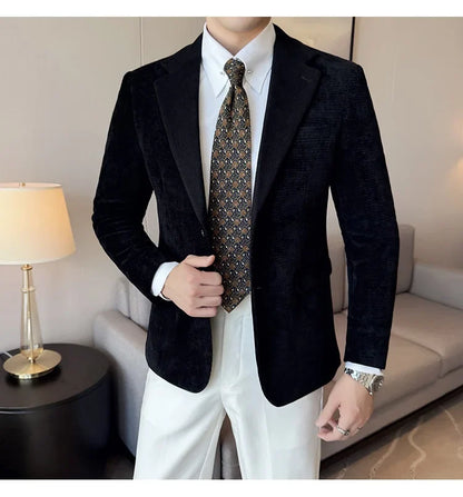 Autumn Winter Fashion Seaweed Pattern Suit Jacket High Quality Luxury Slim Fit Casual Men's Blazers Coats Social Prom Tuxedo
