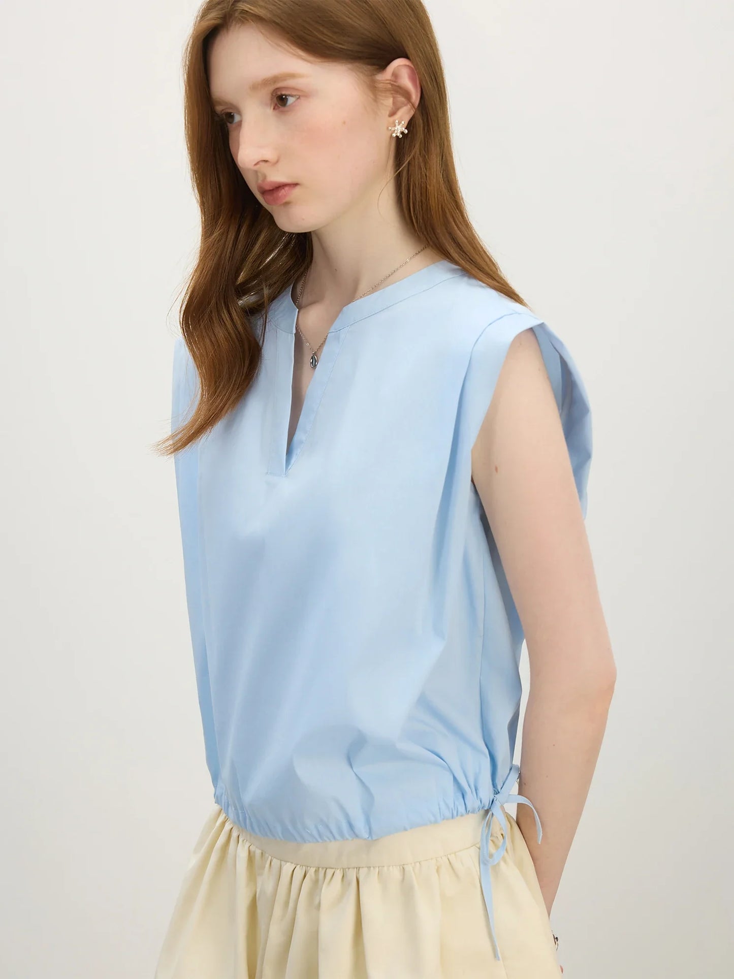 Straight Shoulder V-Neck Sleeveless Blouse - 2025 Summer New Style with Drawstring Tie Women Shirts 25FS12645
