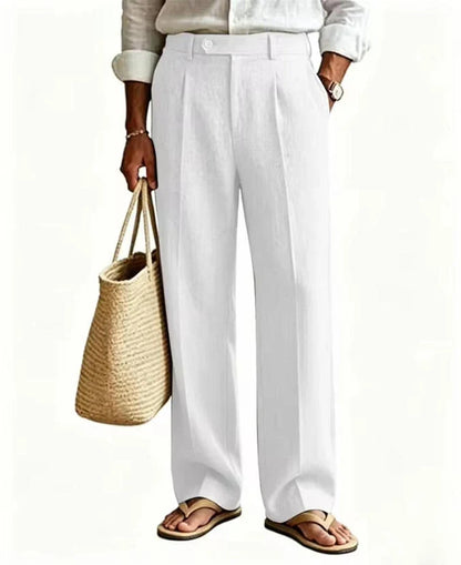 Beige Men's Linen Pants Breathable Cool Straight Leg Trousers High Waist Pleated Lightweight Summer Casual For Beach Vacation