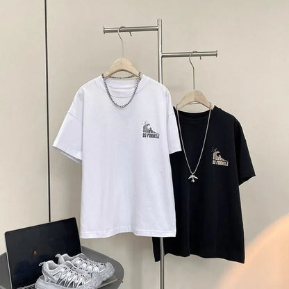 Black Graffiti Letters Pure Cotton Short Sleeve T-Shirt for Tween Boys Loose Fit Summer Youthful Wear Kids Outerwear Clothing