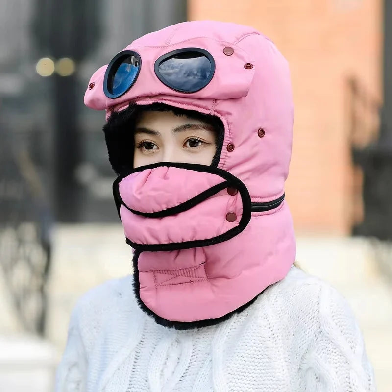 2026 Winter Bomber Hat Adult Kids Windproof Hood Pilot Hats with Mask Glasses Warm Earflap Cap Russian Ushanka Caps Balaclava