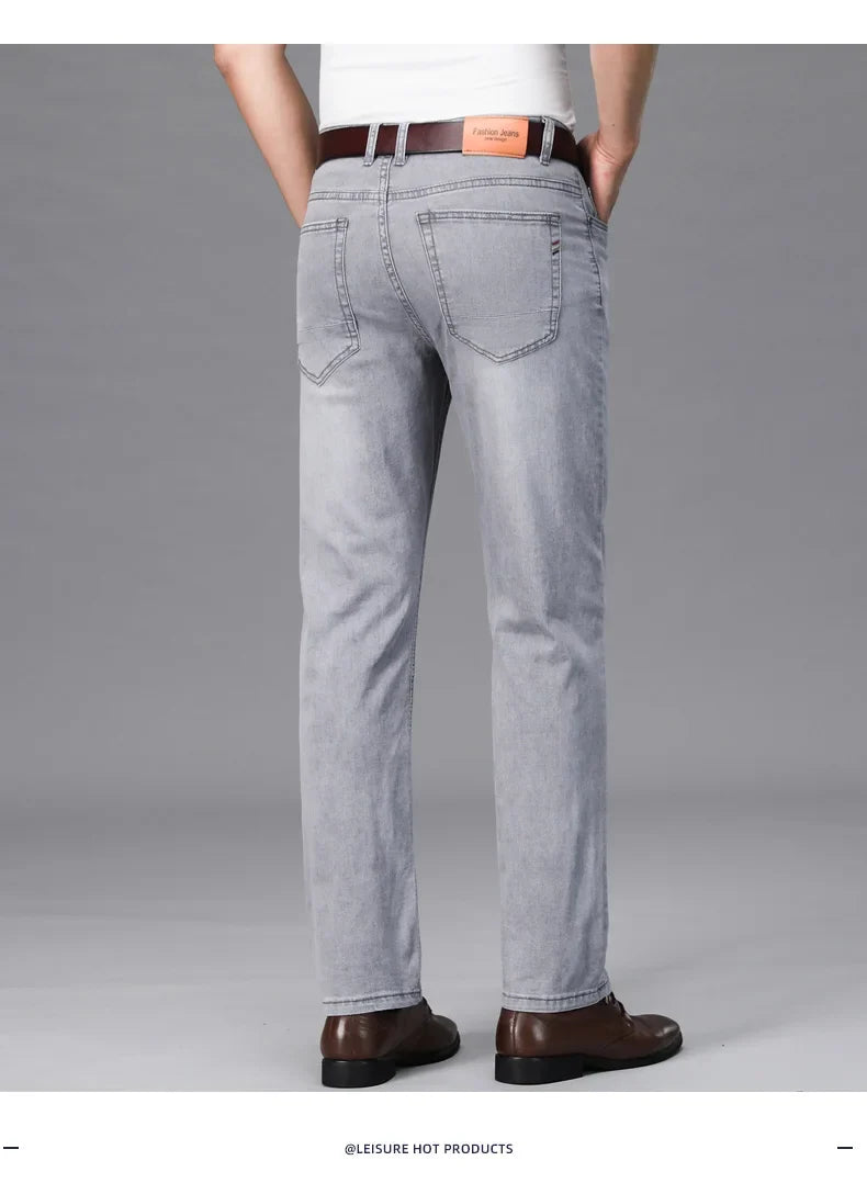 2024 Brand Thin or Thick Material Straight Cotton Stretch Denim Men's  Business Casual High Waist Light Grey Blue Jeans