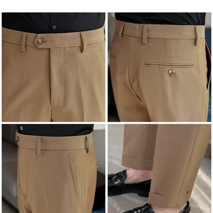 2024 New Men's Slim Fit Tapered Dress Pants Apricot Pearlescent Texture Business Casual Suit Trousers Spring Clothes