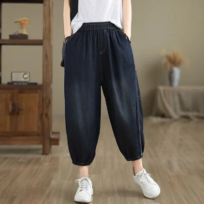 Retro Full Cotton Waed Denim Pants Women Summer Elastic Waist Thin Slimming Lantern Pants Marked Line Nine Points Harlan Pants