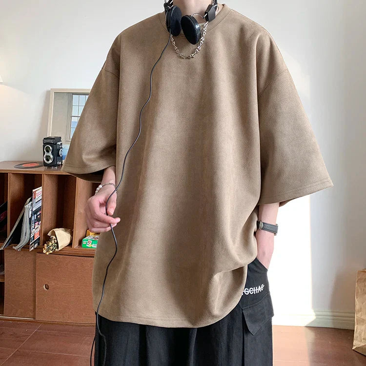 Summer Short Sleeved T-shirt Men Fashion Solid Color Round Neck T Shirt Men Streetwear Loose Suede Tshirt Mens Top M-3XL