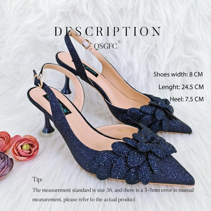 New Sky Blue Satin Handmade Flowers Shoes And Bag African Women's Banquet Pointed Toe Heels Matching Shoes And Bag Wedding Party