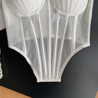 Fashion Solid Corset Lingerie Top Ladies Strap Sheer Mesh Slim Camisole American Retro Backless Beach Sexy Tank Top