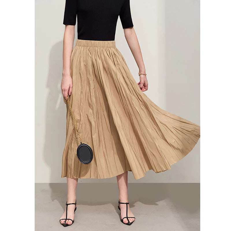 Minimalism Pleated A-Line Skirts Women 2024 Summer New Baiscs Rubber Band Waist Irregular Loose Large Hem Skirt 12442081