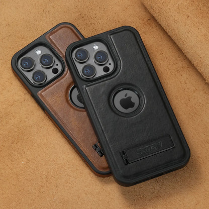 For iPhone 15 14 13 12 Pro Max Leather Case, [Compatible with Mag-safe] Built-in Invisible Stand Protective Slim Kickstand Cover