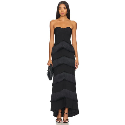 Modern Black Evening Gown Strapless Mermaid Formal Women's Evening Dress Tassel Trumpet Floor Length  Party Dress Long