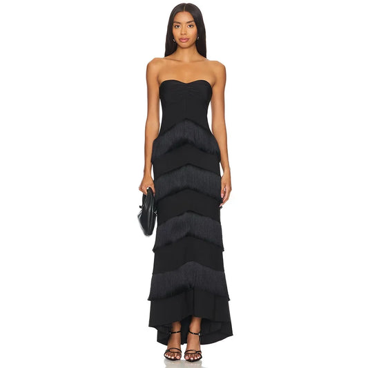 Modern Black Evening Gown Strapless Mermaid Formal Women's Evening Dress Tassel Trumpet Floor Length  Party Dress Long