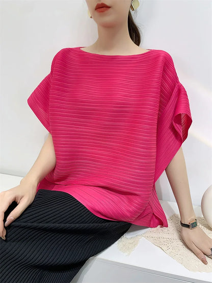2025 Summer T-shirt Miyake Comfortable Casual Loose Pleated Top Women Short Sleeve Slim Commuter Office Clothes Wrinkle-Free