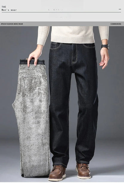 Men's Fleece Lined Thicken Jeans Winter Warm Stretch Slim Fit Denim Pants Comfortable Soft Trousers for Daily Work Wear Clothing