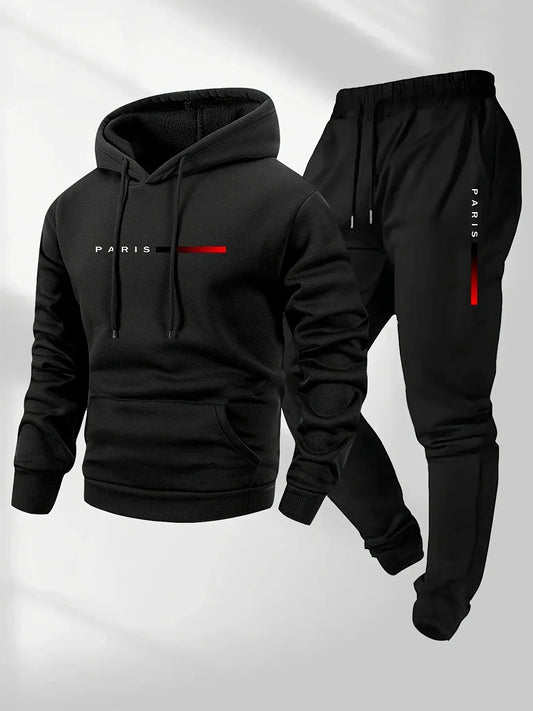 PARIS Letter Print Sweatshirt Suit Men's Fleece Hoodie Pants Set Spring Autumn Winter Warm Casual Sports Pullover Trousers Sets