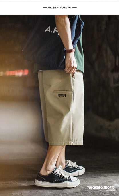 Men's 718 Summer Casual Shorts Japanese Style Solid Color Loose Fit Straight Leg Zipper Fly Commuter Workwear Pants