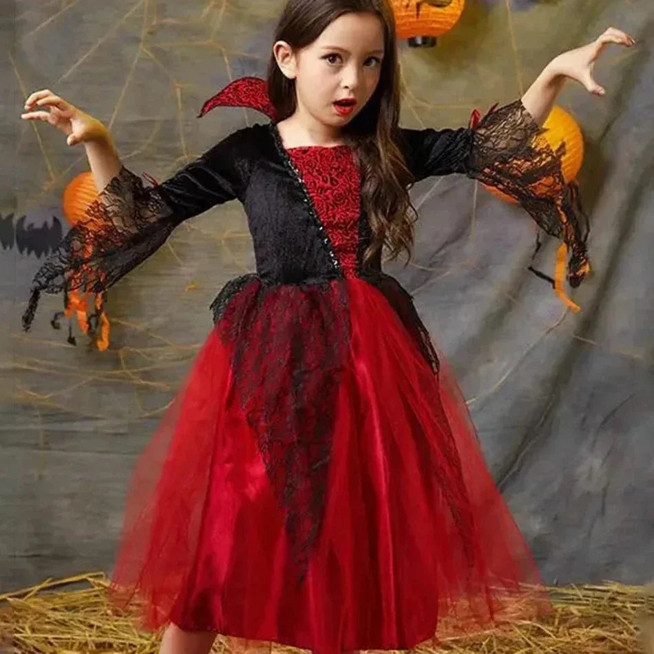 Halloween Girl Cosplay Vampire Dress For Kids Ghost Bride Vampire Costume Vampiran Carnival Party Outfits Scarlet Gothic Clothes