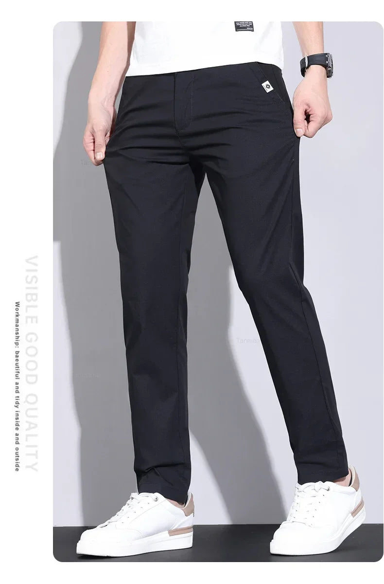 Ultra-thin Elastic Men's Casual Pants 2024 Summer Ice Silk Cotton Fashion Slim Straight Business Trousers Black Gray Khaki