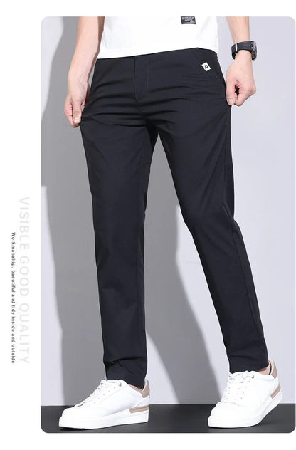 Ultra-thin Elastic Men's Casual Pants 2024 Summer Ice Silk Cotton Fashion Slim Straight Business Trousers Black Gray Khaki