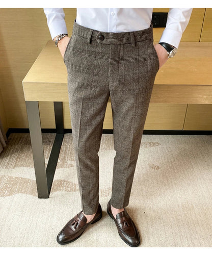 Boutique Classic Plaid and Striped Fashion Men's Casual Business Slim Suit Pants Groom Wedding Dress Trousers Party