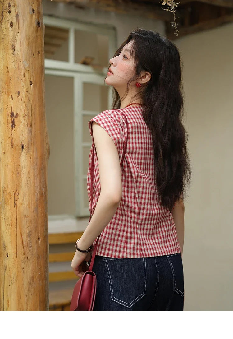Women's Fashion V-neck Shirt 2026 Summer New Plaid Ladies Red Button Shirt Casual Retro Top Female Clothing MXE37X1921