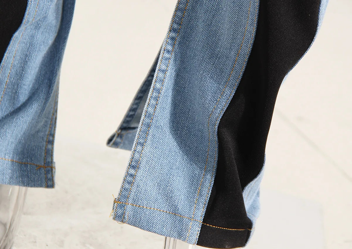 Jeans Women Pencil Pants 2023 Fashion High Waist Contract Color Patchwork Split Long Denim Pants Elastic Skinny Trousers