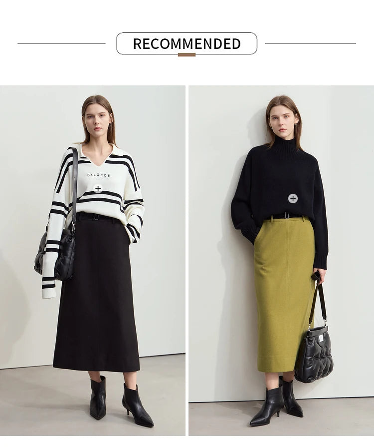 Minimalism Women's Elegant Commuter Skirts with Velvet Belt 2024 Winter Twill Fabric Warm Slit Straight Midi Skirt 12444183