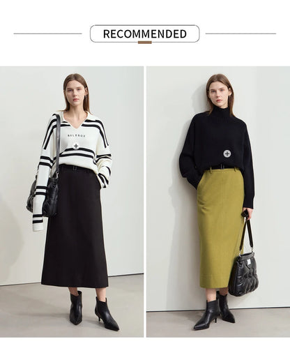 Minimalism Women's Elegant Commuter Skirts with Velvet Belt 2024 Winter Twill Fabric Warm Slit Straight Midi Skirt 12444183