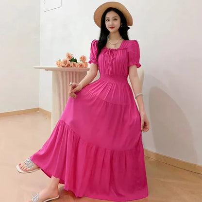 Summer New Cotton Silk Floral Print Maxi Dr ort Sve Beachwear High Waist Young Women's Large Skirt Swing Dr
